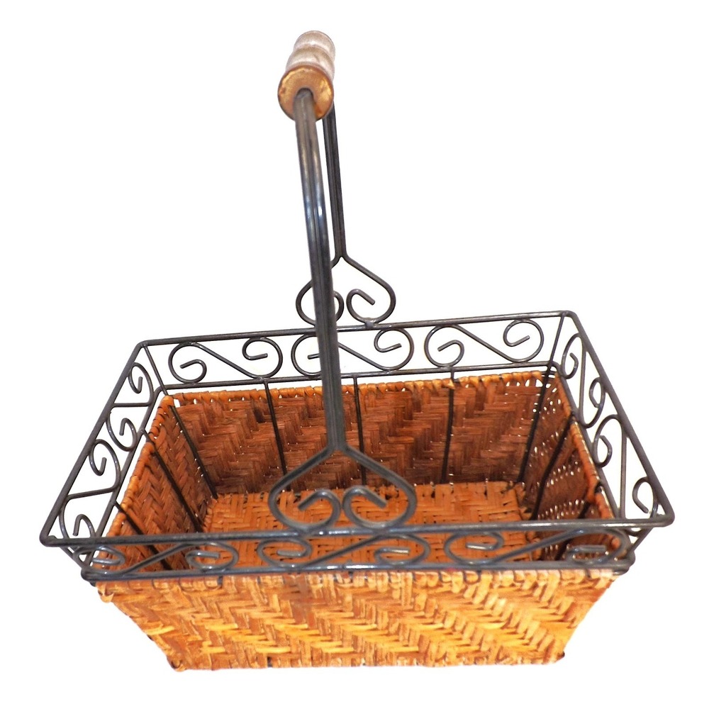 Scrollwork Metal & Woven Wicker Handle Basket - 7x11 x 5" deep